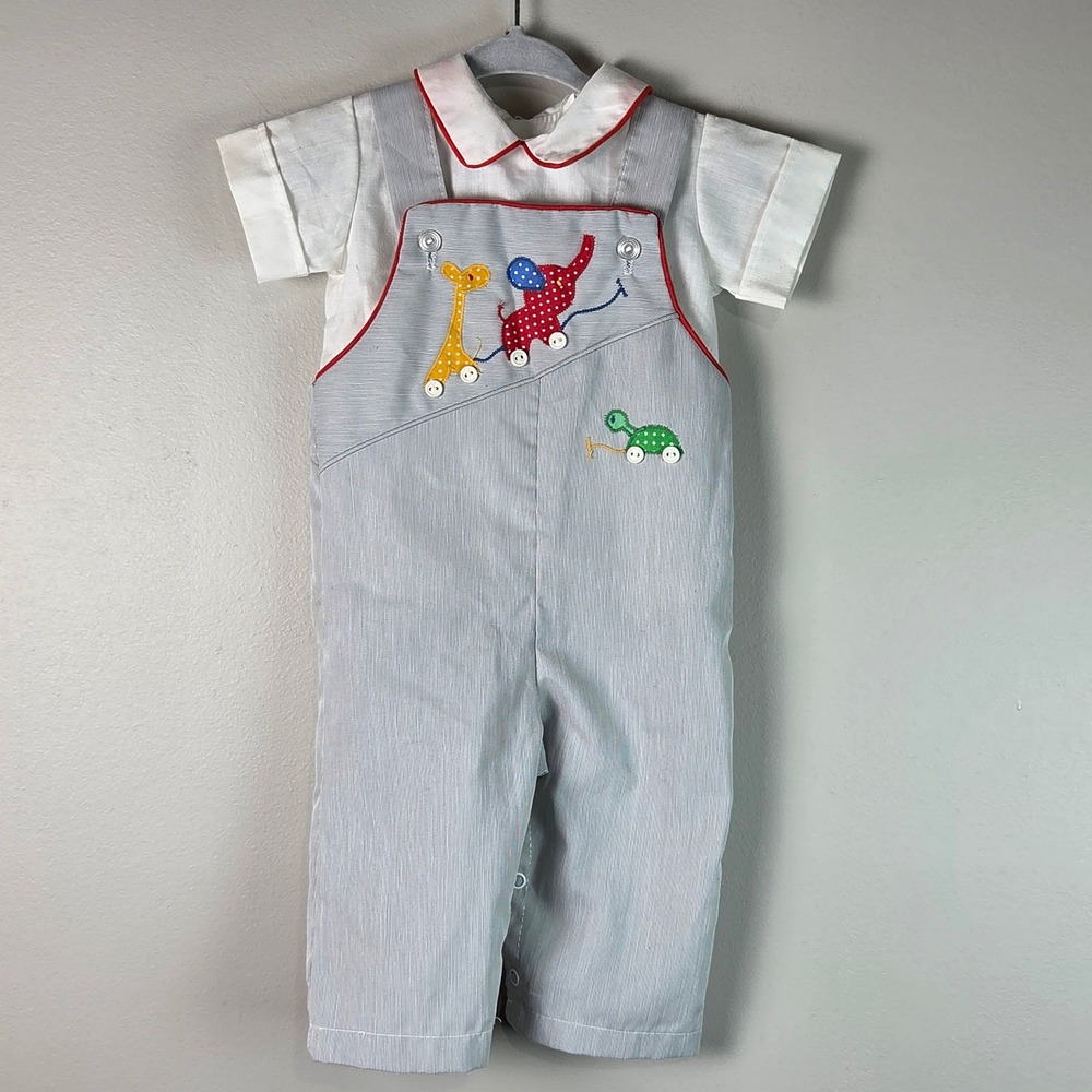 Trotter Street Vintage Overalls Set Kids 6M Blue White Good Animal Applique